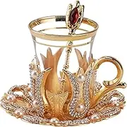 (Set of 6) Turkish Tea Glasses Set with Saucers Holders Spoons, Decorated with Swarovski Type Crystals and Pearl,24 Pcs (Gold), 3.3 Ounces
