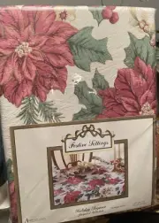 Vtg Avon Fashions OVAL Tablecloth 8Napkins Poinsettias 60x84" Holiday Christmas