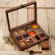 Wooden Spice Box - Masala Dabba Organizer with Glass Lid on Top, 12 Removable...