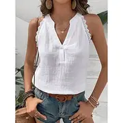 Women's Camisole Tank Top Vest Solid Color Plain Daily Basic Sleeveless Notched Neck Regular Tops Daily Lace Trim Black White Beige Summer