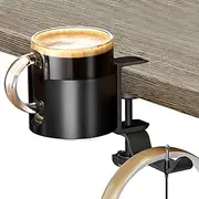 Desk Cup Holder, 2-in-1 Anti-Spill Cup Holder Clamp with Rotatable Headphone Hanger, Home Office Coffee Water Organizer Table Cup Clip Perfect for Workstations, Gaming Desk, Wheelchairs