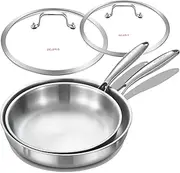 [DELARLO] Tri-ply Stainless Steel Kitchen Cookware Frying Pan Set with Lid 10.5" & 12.5" Induction Large Skillets Chef's Pan, 3-Piece Set, PFOA-Free, Suitable for All Stove Types