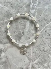 925 Sterling Silver Stacking Beaded Stretch Bracelet - Tree Of Life Charm