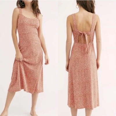 Free People Lorelai Dress Size Large (10-12) Red Floral Tie Back Midi Sleeveless