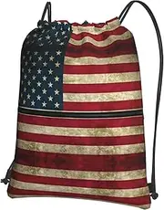 EdWal American Flag Print Drawstring Backpack Gym Bags Sports Bags With Zipper Pocket For Travel Swimming Beach, Black, One Size