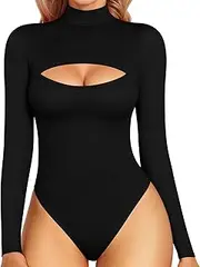 [ZPLxi] Women's Bodysuit Tops Long Sleeve Turtleneck Cutout Front Tummy Control Thong Romper Button Closure Jumpsuit Shapewear