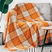 LALIFIT Decorative Faux Cashmere Throw Blankets Soft Fluffy Classic Orange Plaid Fringe Throw Blanket with Tassels Cozy Lightweight for Home Couch Sofa Farmhouse Halloween Decor 50" x 60" (Pumpkin)