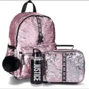 Justice Girls Sequined 4-Piece Backpack Set with Lunch Bag Rose Gold NWT Girly