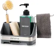 ESTETHI Sink Organiser with Soap Dispenser - Grey Sink Organiser with Cloth Holder, Sponge Holder, Drip Tray - Minimalist, Space Saving Design