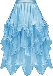 [C-ZOFEK] Women's Tiered Tulle Skirt, High Low Ruffle Elastic Waist Midi Skirt Tutu Mesh Fairy Costume