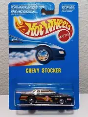 HOTWHEELS "CHEVY STOCKER" CAR #3 VHTF INTERNATIONAL BLUE CARD, BLACKWALLS 1990