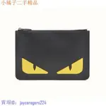 二手 FENDI POUCH 黑色 防刮 牛皮 黃眼 魔魔 怪獸 拉鍊 手拿包 7N0078 代購