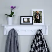 Floating Coat and Hat Wall Shelf Rack, 5 Pegs Hook, 24", White