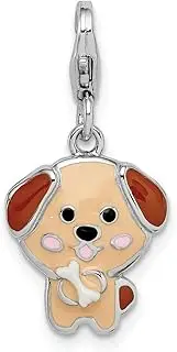[JewelryWeb] 925 Sterling Silver Rhodium Plated Enameled Puppy With Lobster Clasp Charm