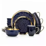 Porcelain 16 Piece Dinnerware Set, 16-Pieces Service for 4 Blue with Gold Rim