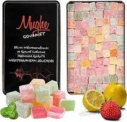 Mughe Gourmet Turkish Delight Candy Elegant Metal Box - 1.65lbs/750gr - Halal, Vegan Lokum Fruit Flavors Rose, Strawberry, Lemon, Orange, Mint - Perfect for Special Occasions, Christmas, Birthdays