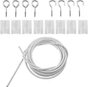 17pcs Curtain Wire White Window Cord Cable with 8pcs Self-adhesive Hooks 4 Pairs Hooks and Eyes Rods 3M Length