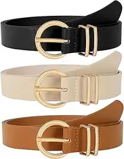 [COHGUDA] 3 Pack Women's PU Leather Belts for Jeans Dresses, Fashion Gold Buckle Ladies Skinny Belt, Casual Waist Belt for Girls, Classic Double Ring Wide Belt, Adjustable Vintage Belt for Trousers Decoration