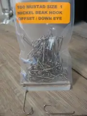 100 Mustad Nickel Beak Fish Hooks Size 1 Offset Turn Down Eye