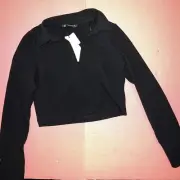 NWT Zara S COLLARED Crop TOP SHIRT long-sleeve BLACK stretchy