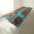 Custom Peacock Blue Walnut Luxury Epoxy Resin Dining Table - Handmade Dining ta