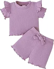 [ChuYuKu] Toddler Girl Clothes Flutter Sleeve Baby Girls Summer Outfits T-Shirts - Cotton Ruffle Top & Shorts Set 6M - 3T, Purple, 2-3 Years