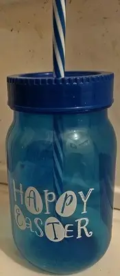 MASON-HAPPY EASTER-16 OZ Double Wall Plastic Tumbler-CUP-BLUE W/STRAW