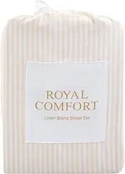 Royal Comfort Sheet Set Linen Blend Stripes 100GSM All Seasons Bedding Ultra Soft, 1 x Flat Sheet 1 x Fitted Sheet 2 x Pillowcases (4 Pcs, King, Beige)