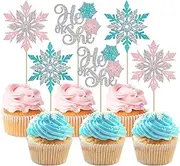 Rsstarxi 24 Pack Snowflake Gender Reveal Cupcake Toppers Pink Blue Glitter He or She Cupcake Picks Winter Snowflake Cake Decorations for Winter Wonderland Birthday Baby Shower Party Supplies