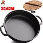 NEW Cast Iron Pre-seasoned Deep Frying Pan Paella Frypan with Wooden Lid 35cm AU