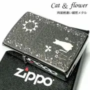 Zippo Oil Lighter Cat Flower Black Metal Plate Silver Etching Regular Case Japan