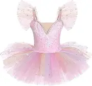 [IBAKOM] Ballerina Swan Lake Costume Dance Pancake Platter Tutu Ruffle Sleeve Floral Print Gymnastics Leotard Ballet Tutu