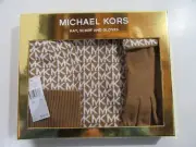 MICHAEL KORS 3 Piece Gloves Scarf Beanie Hat Dark Camel Cream Logo NWT NEW