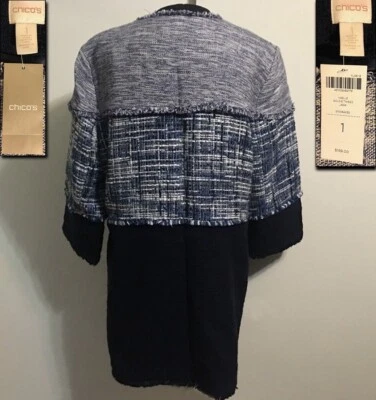 NWT CHICOS BLUE WHITE GOLD COPPER TWEED FRINGE TRIM LONG JACKET DUSTER TOP 1 8 M