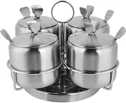 Jars Set Stainless Steel, 4 Pieces Seasoning Pots Condiment Containers Rotatable Salt Sugar Storage Containers, with 4 Serving Spoons