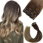 Ubetta Clip in Human Hair Extensions 46cm Straight Brown to Ash Brown Ombre 7 Pieces 70G Double Weft Remy Clip in Real Hair Extensions for Women 46cm Straight Balayage Human Hair Clip ons for Kids