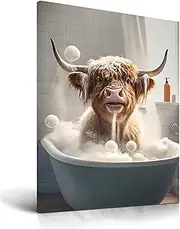 UPWOIGH Highland Cow Bathroom Wall Art,30x40CM,Waterproof Wood Framed Canvas,Cute Funny Animal Bathing Print, Modern Decor for Bedroom,Kids Room,Washroom,Toilet 1 Pack