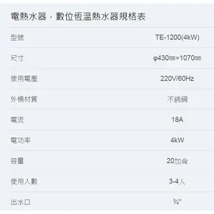 【TOPAX莊頭北】 20加侖 直立式儲熱式電熱水器 (TE-1200 )