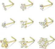 [BodyBonita] 9Pcs 20G Nose Rings Studs with Big Bling CZ Snowflake Star Top Surgical Steel L-Shaped Nose Studs Triple Linear Gem Ball Round Diamond CZ Nose Piercing Jewelry 7mm