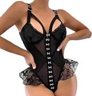 [Satohom] Bodysuit Women Sexy One Piece Lingerie Mesh Transparent Teddy Corset Backless Bodysuit Babydoll Sleeveless Deep V Bodysuit Erotic Babydoll Straps Sleepwear Clubwear