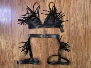 Sexy Black Straps Fringe Faux Leather Bra Leg Garter Lingerie Set Body Rage