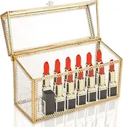 HighFree 24 Slots Glass Lipstick Organizer - Gold Vintage Transparent Display Box With Lid & Removable Dividers for Lip Gloss