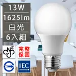 歐洲百年品牌台灣CNS認證LED廣角燈泡E27/13W/1625流明/白光(6入)