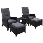 5 Piece Wicker Recliner Chairs and Table Package with Ottomans (Black)