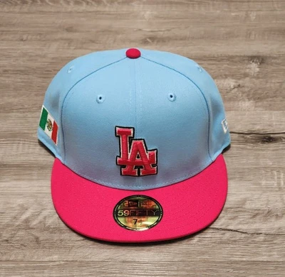 2022 NEW ERA LA DODGERS POWDER BLUE/PINK WTH PNK LA LOGO FITTED 7 1/2 MEXICO HAT