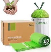Compostable Bin Liners 20 Liter with Drawstring Tear Off Extra Thick Biodegradable Bin Bags with Tie Handle BPI ASTM D6400 Europe OK Compost Home Certified 60 Counts Green (5 Gallon with Tie)