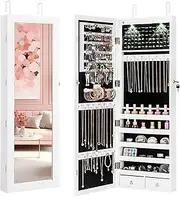 Giantex Jewelry Armoire Wall Door Mounted, Lockable Jewelry Cabinet with 42.5'' Full Length Mirror, 2 LEDs Jewelry Organizer Box with 2 Drawers, Mirror with Jewelry Storage (White)
