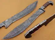 Custom Handmade Damascus Steel Bowie Knife Fixed Blade Knife With Leather Sheath