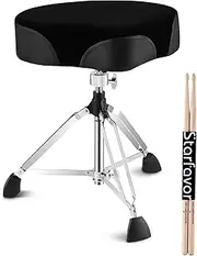 Starfavor Drum Throne Adjustable, Swivel Drum Stool Motocycle Style, Saddle Drum Seat, Thick Padded Drum Chair with 5A Drumsticks, Heavy Duty Double-Braced, ST-500NC