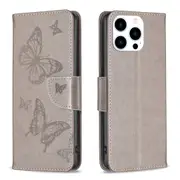 For iPhone 16 Pro Max Case, PU Leather Butterfly Cover, Grey